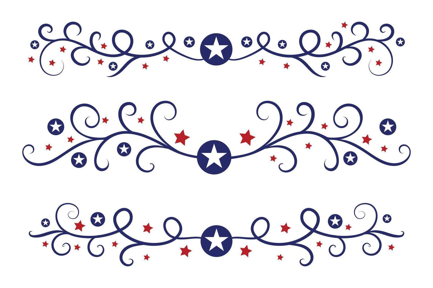 4th of July lettering header Ornate swirls, patriotic red stars, and blue Elegant fancy separators Decorative Elements, American Independence Day Calligraphy Flourishes text dividers vector