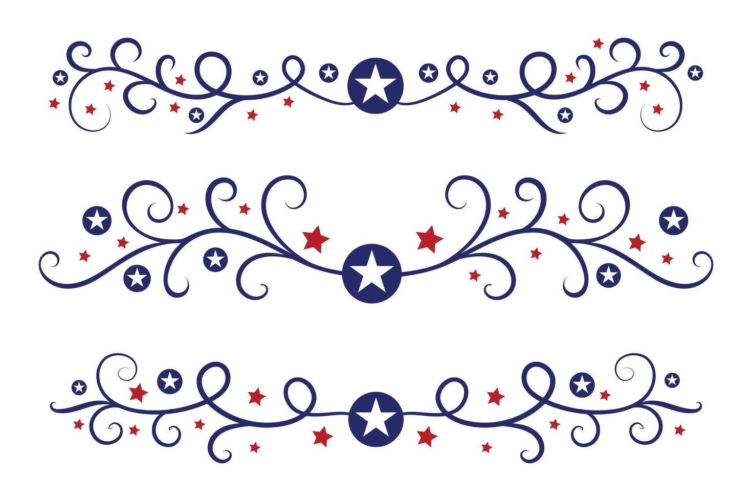 4to de julio letras encabezamiento florido remolinos, patriótico rojo estrellas, y azul elegante lujoso separadores decorativo elementos, americano independencia día caligrafía florece texto divisores vector