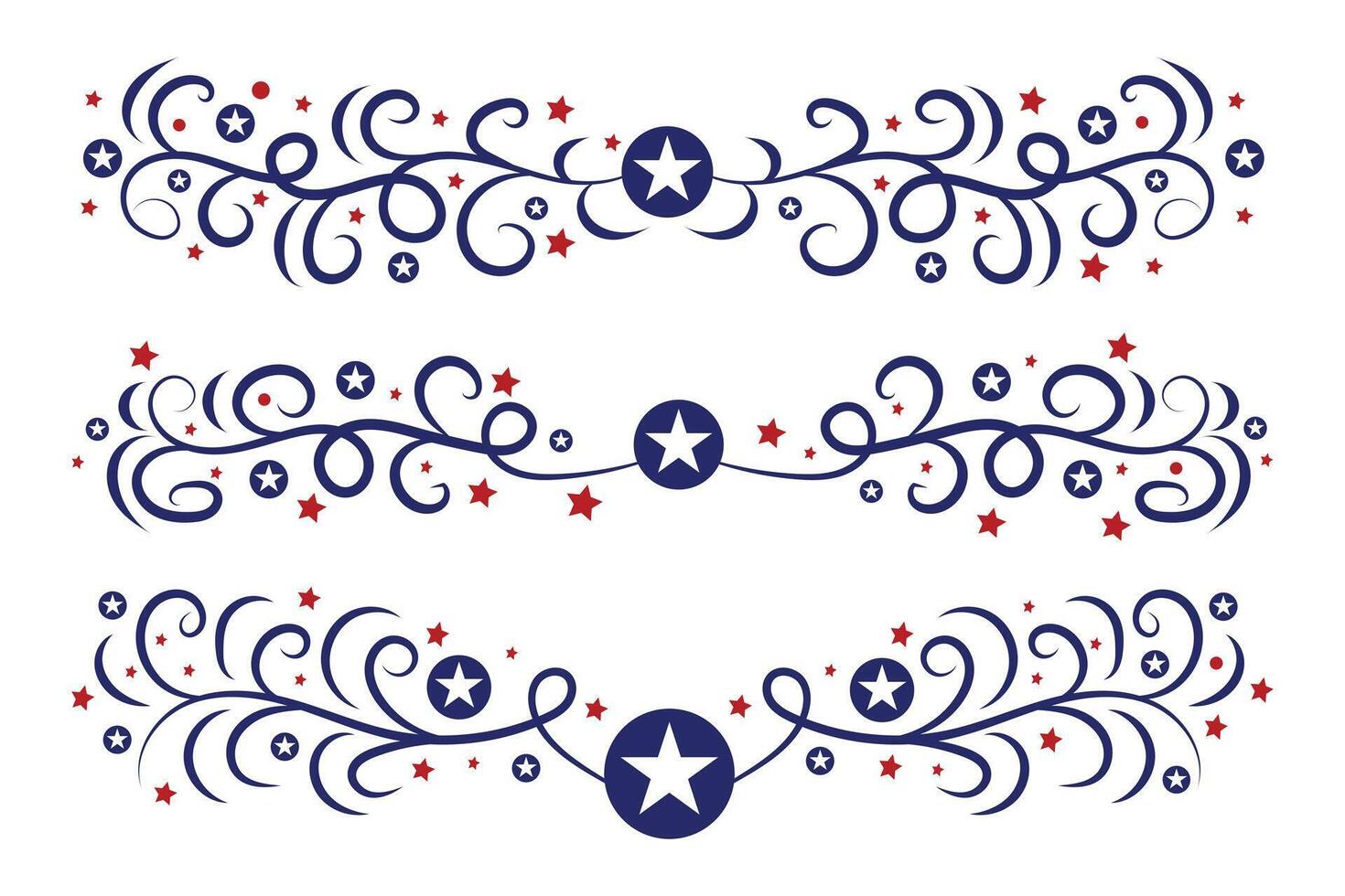 4th of July lettering header Ornate swirls, patriotic red stars, and blue Elegant fancy separators Decorative Elements, American Independence Day Calligraphy Flourishes text dividers vector