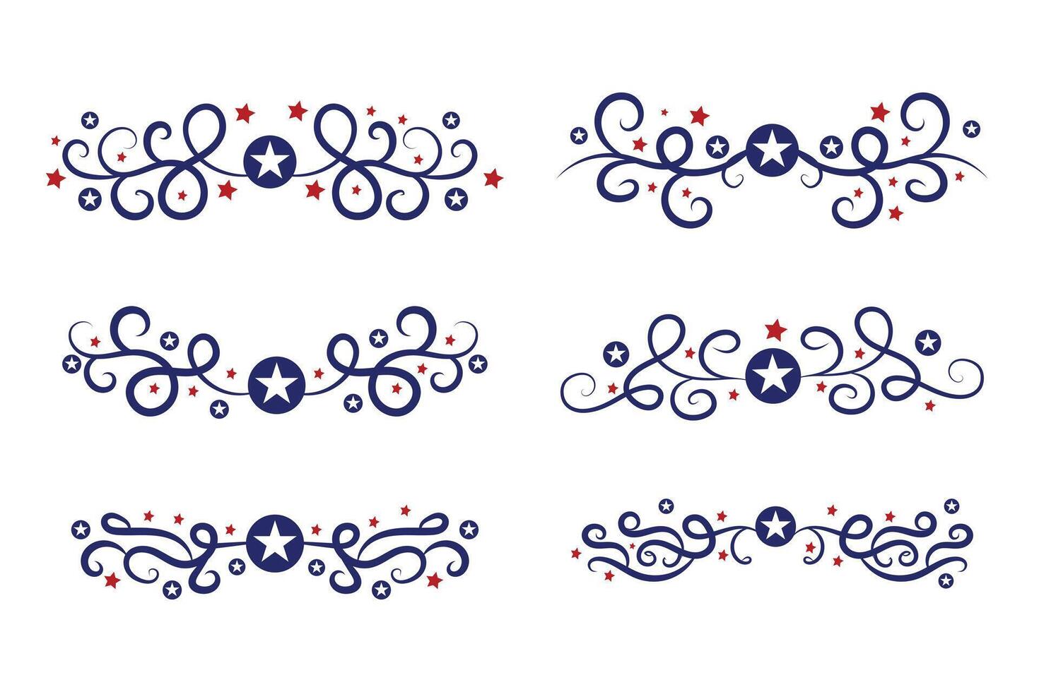 4th of July lettering header Ornate swirls, patriotic red stars, and blue Elegant fancy separators Decorative Elements, American Independence Day Calligraphy Flourishes text dividers vector