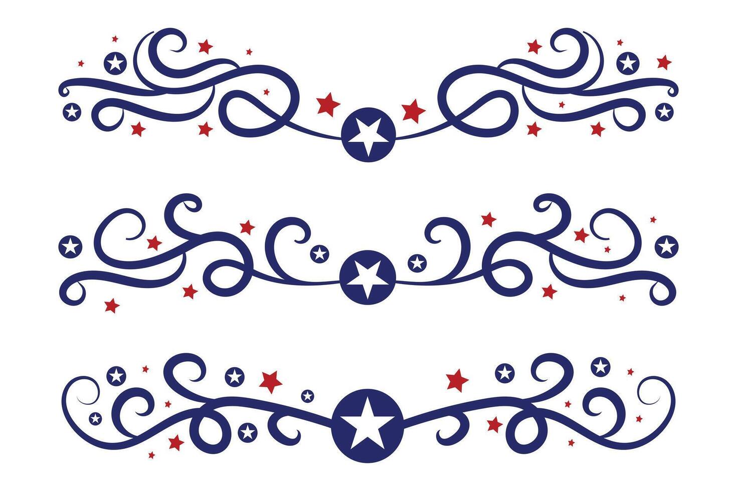 4th of July lettering header Ornate swirls, patriotic red stars, and blue Elegant fancy separators Decorative Elements, American Independence Day Calligraphy Flourishes text dividers vector