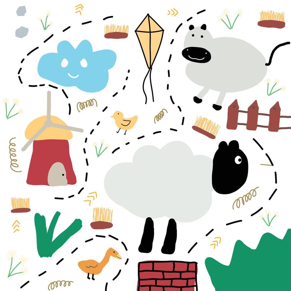 children drawing objects on the farm vector