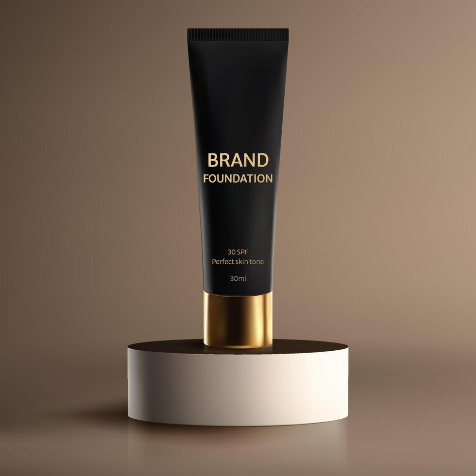 3D podium setup, a black and gold foundation tube stands on a beige podium background. Elegant showcase for cosmetic products, perfect for advertising or packaging presentations vector