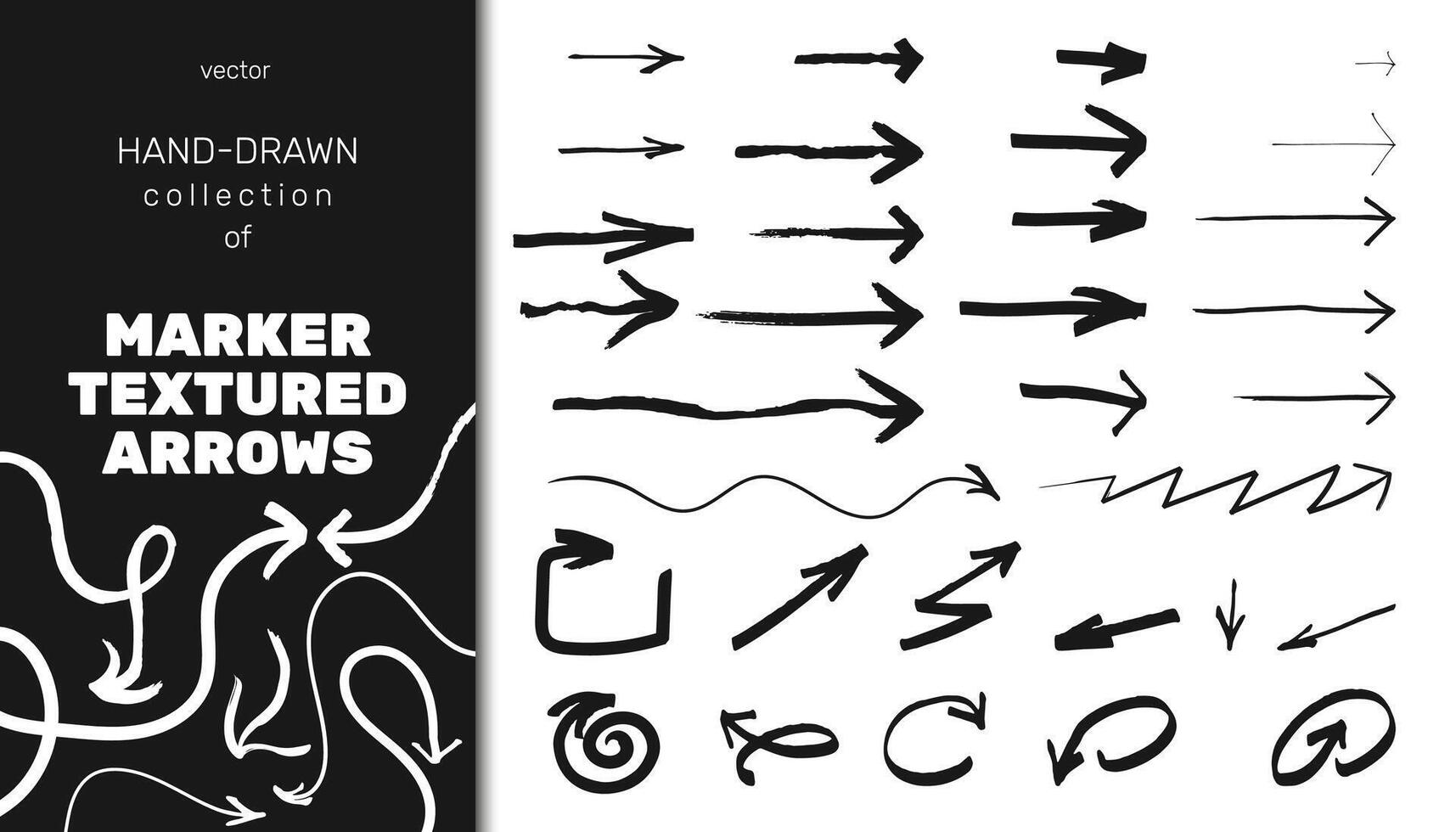 Set of marker textures and doodles, arrows illustrated. This abstract collection features black ink designs suitable for various creative projects. vector