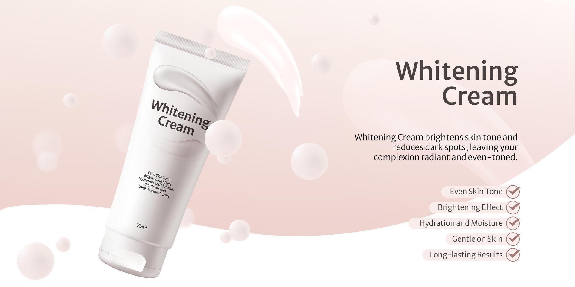 A 3D whitening cream tube with a smear of product, showcasing its texture. Realistic banner design highlights skincare and beauty products, perfect for advertising and packaging. vector