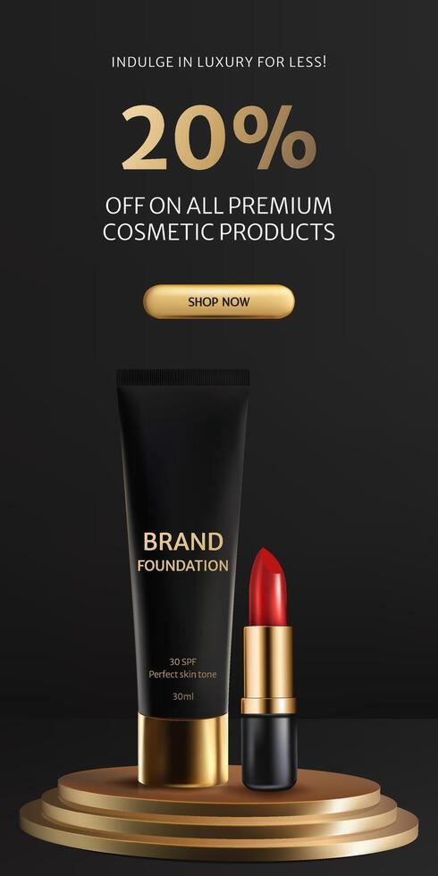 Banner luxury 3D black and gold foundation tube and lipstick stands on a podium background. Elegant showcase for cosmetic products, perfect for advertising or packaging presentations. vector