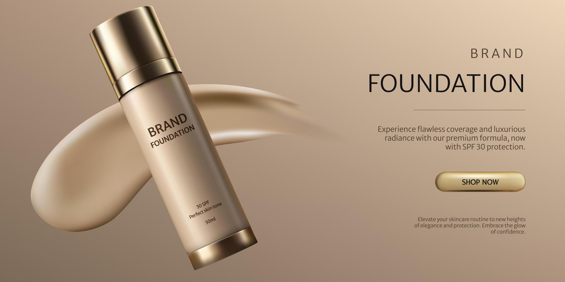 A banner showcasing a 3D realistic foundation bottle, a cosmetic product. Its design highlights liquid cream smear texture and skincare, ideal for marketing and promotional materials. vector
