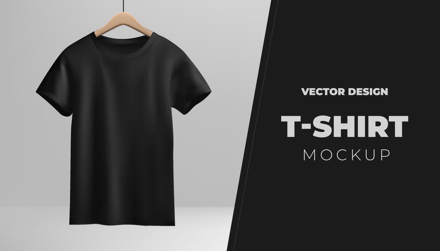 A black tshirt mockup hangs on a wooden hanger against a white backdrop. For showcasing fashion designs for both men and women, providing a realistic presentation. vector