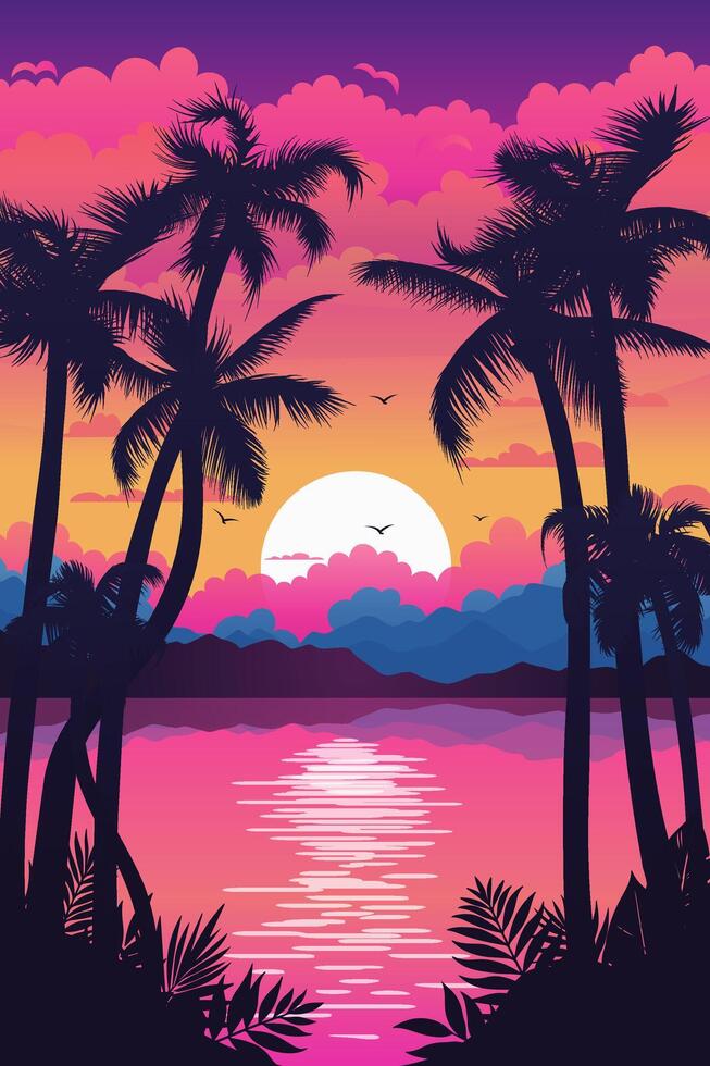 An electrifying pink neon summer landscape with a vibrant sunset over a tropical island. Nature with palm trees, beaches, and a colorful sky. For party poster or banner vector