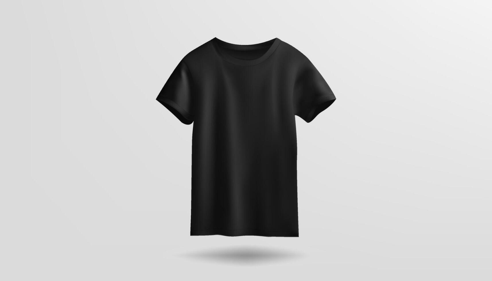 A 3D mockup presents a blank t-shirt in black, isolated against a white background, suitable for various designs. Ideal for showcasing apparel for both male and female wearers. vector