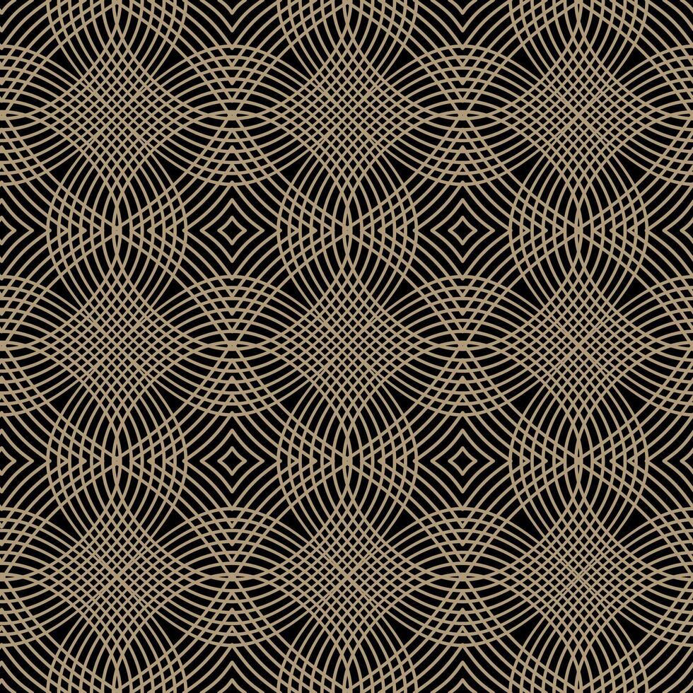 A luxurious seamless pattern in black and gold, featuring circles ornate geometric shapes and elegant lines. Perfect for textile, wrapping paper, or background designs. vector