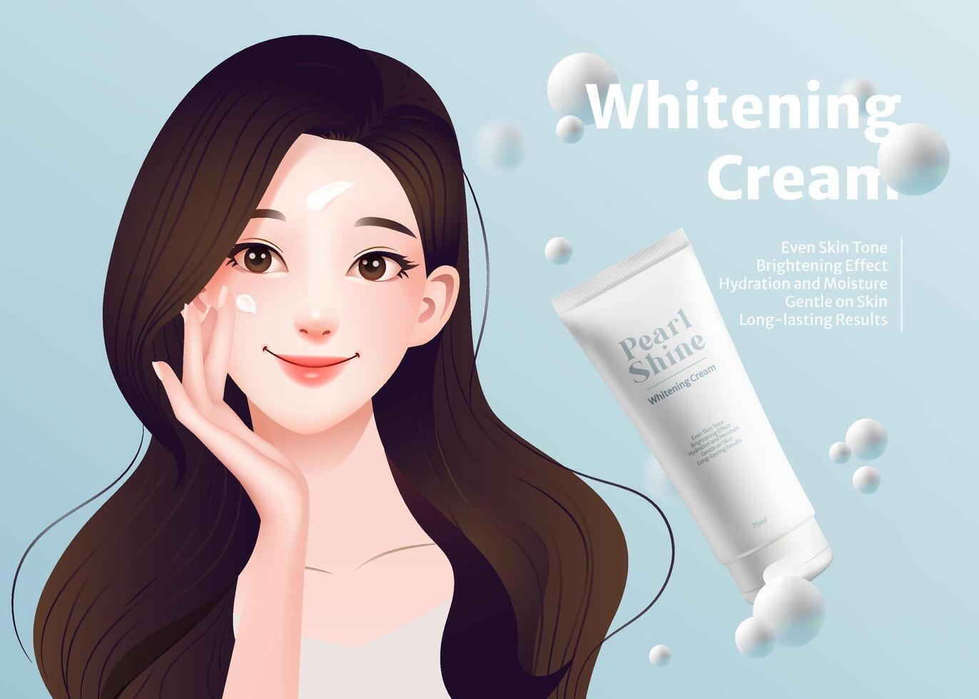 A banner with 3d whitening cream package, showcasing a realistic beautiful young woman with flawless skin. Beauty and skincare products, ideal for advertisements and packaging. vector