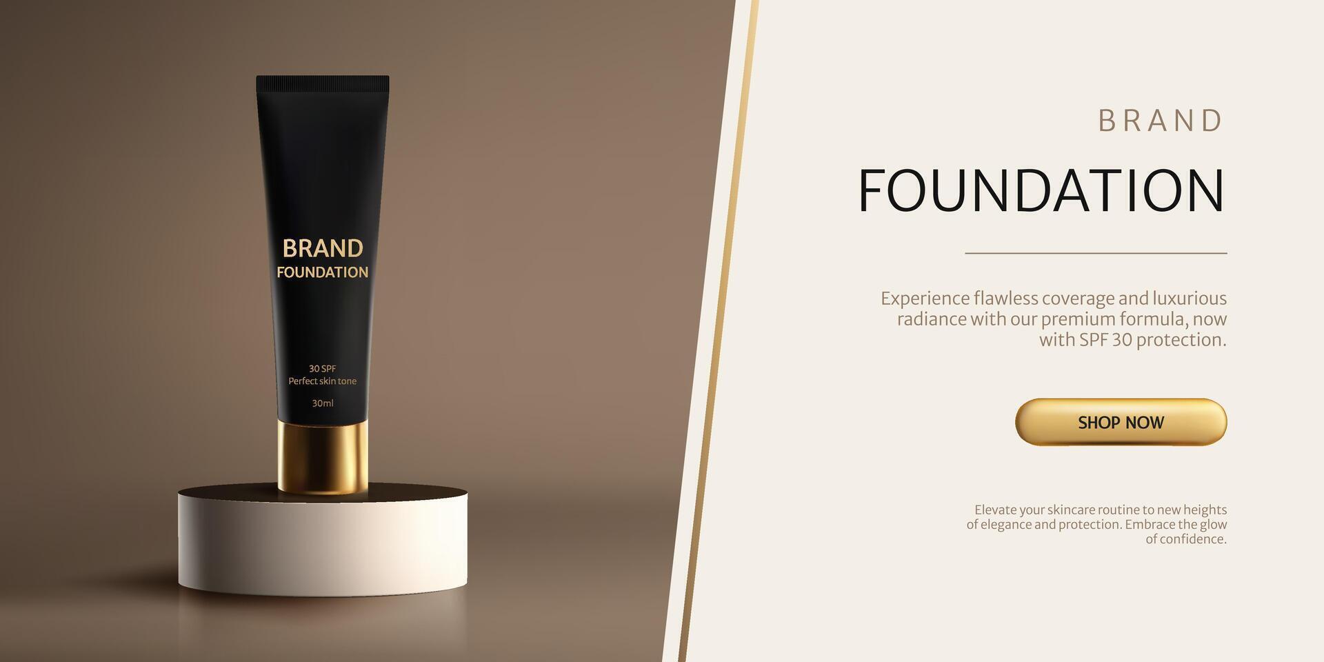 Banner 3D podium setup, a black and gold foundation tube stands on a beige podium background. Elegant showcase for cosmetic products, perfect for advertising or packaging presentations. vector