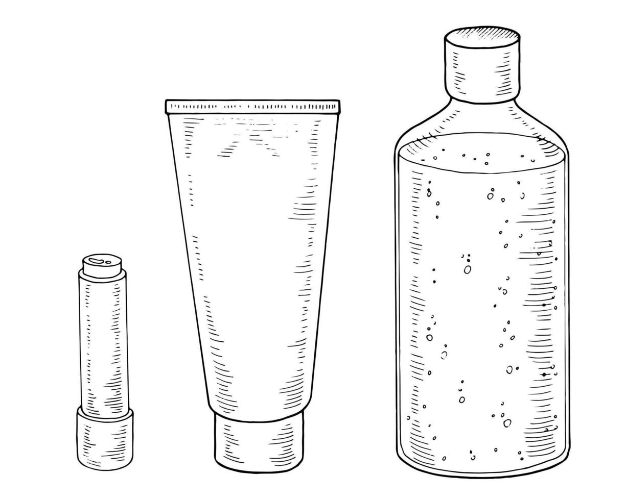 Cosmetic Bottles Set. Black line art drawing of beauty products. Outline illustration of shampoo and cream. Linear sketch on isolated white background. Hand drawn editable clipart vector
