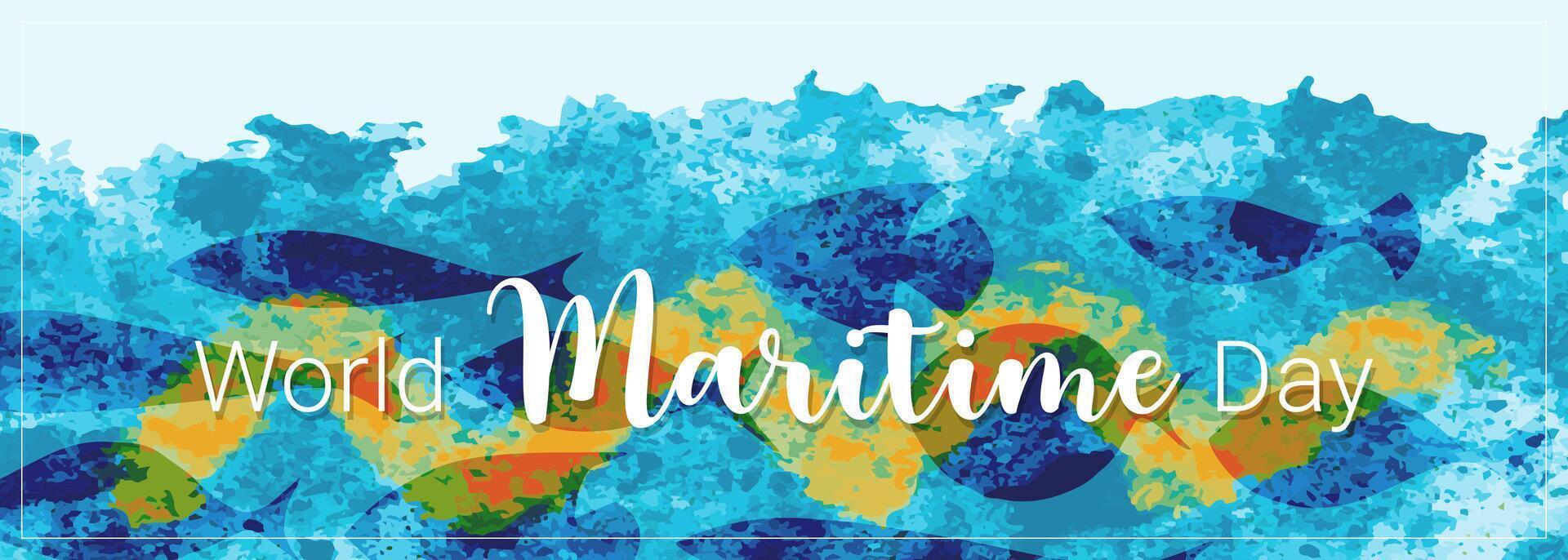 mundo marítimo día con acuarela mar Oceano y peces siluetas, Oceano día, pescar día. bandera horizontal en internacional marítimo día. vector