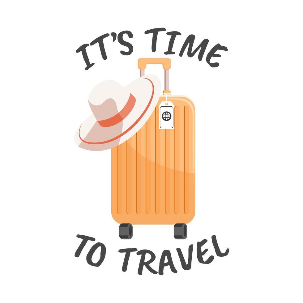 Time to travel calligraphy with travel suitcase and summer hat. Vacation and travel concept. Illustration. vector