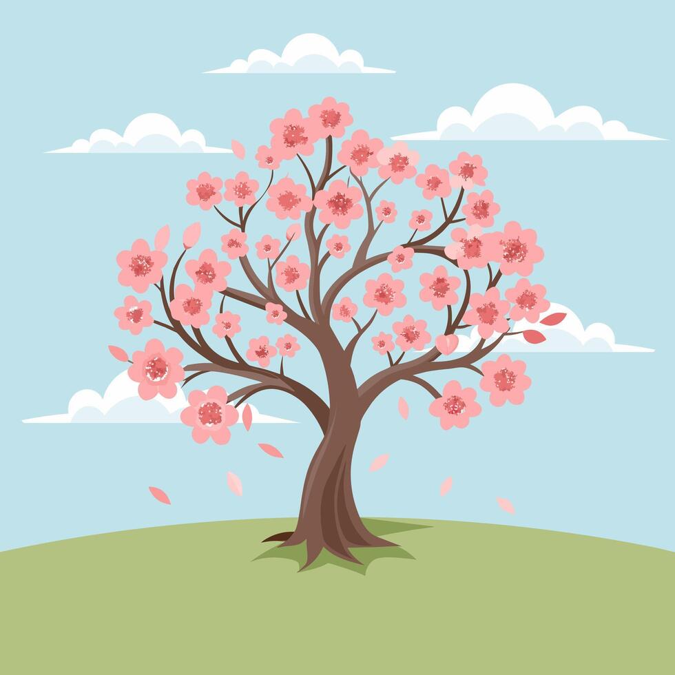 Beautiful cherry blossom tree with pink flowers. Sakura illustration. vector