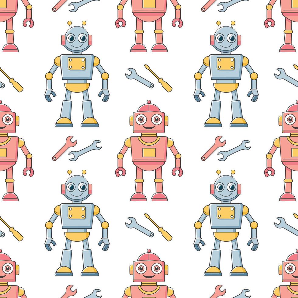 Seamless pattern of cartoon characters robots and droids. Background from cute children's robot toys. vector