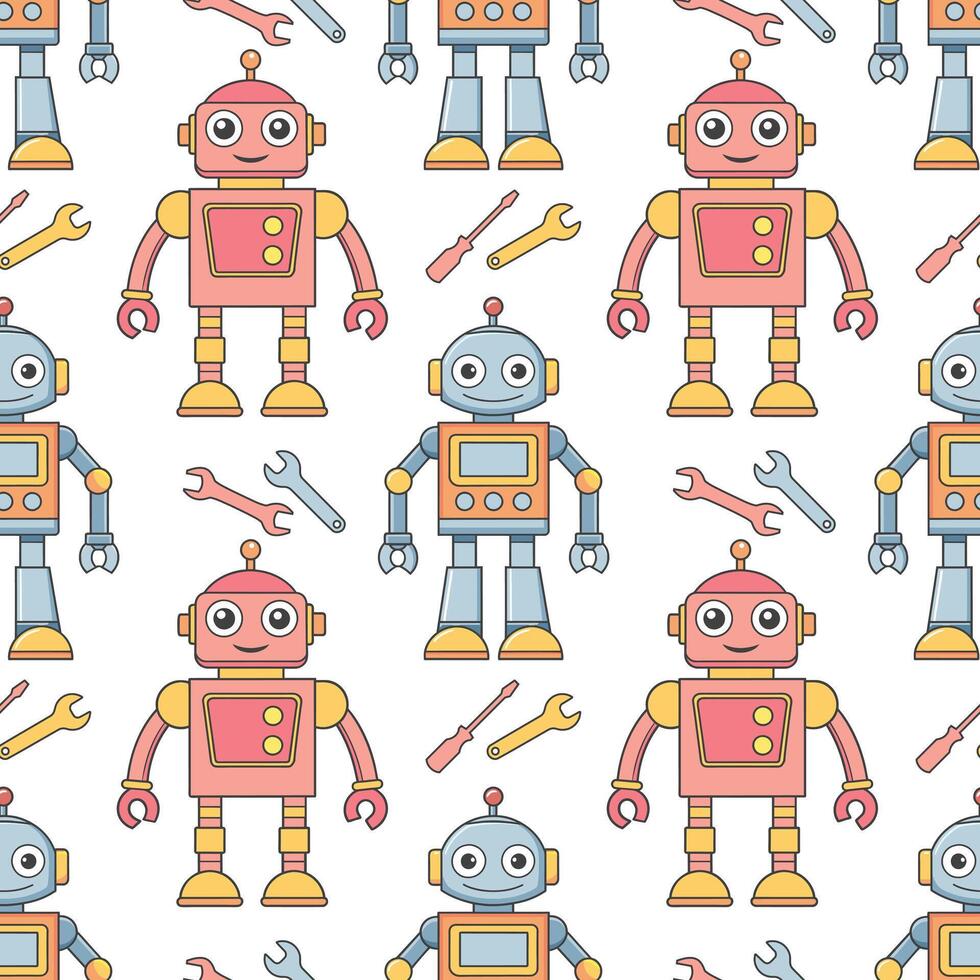 Seamless pattern of cartoon characters robots and droids. Background from cute children's robot toys. vector