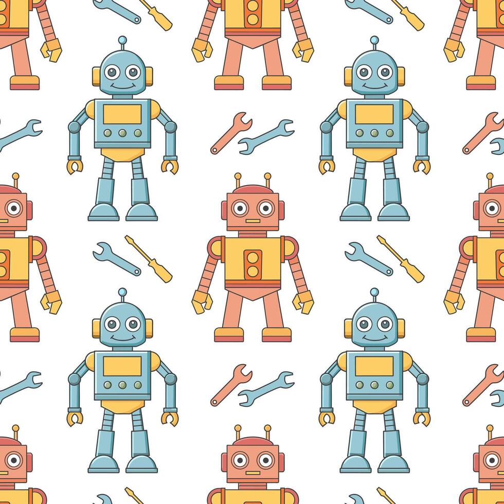 Seamless pattern of cartoon characters robots and droids. Background from cute children's robot toys. vector
