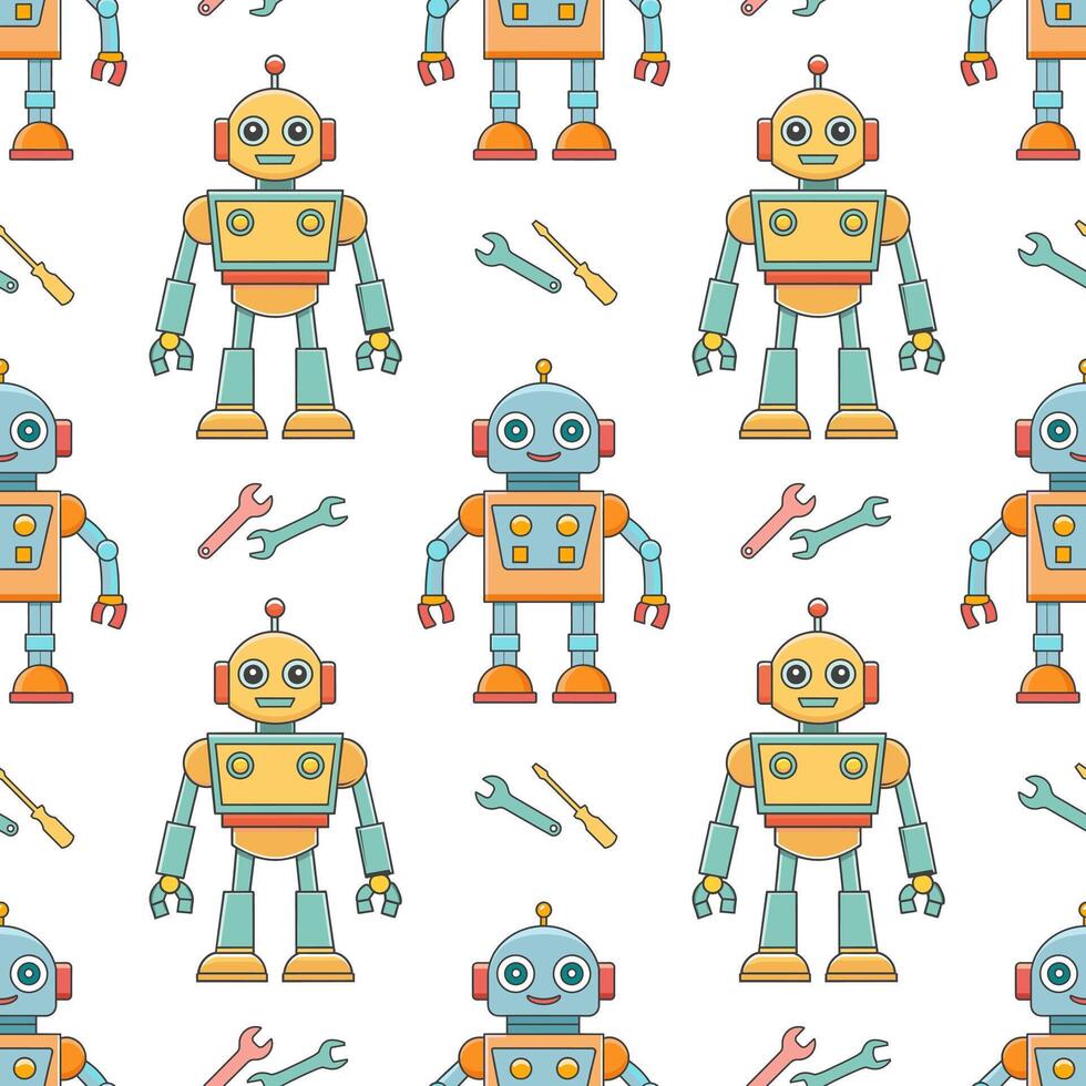 Seamless pattern of cartoon characters robots and droids. Background from cute children's robot toys. vector