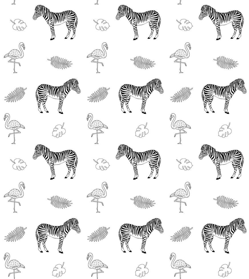 seamless pattern of zebra flamingo and palm vector