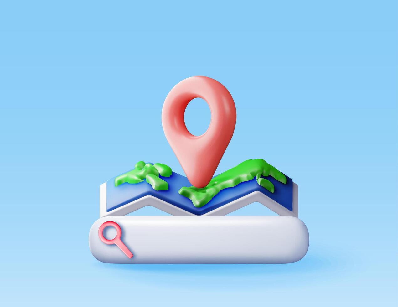 3D location folded paper map, search bar and pin isolated. Red GPS pointer marker icon. Render GPS and navigation symbol. Element for map, social media, mobile apps. vector