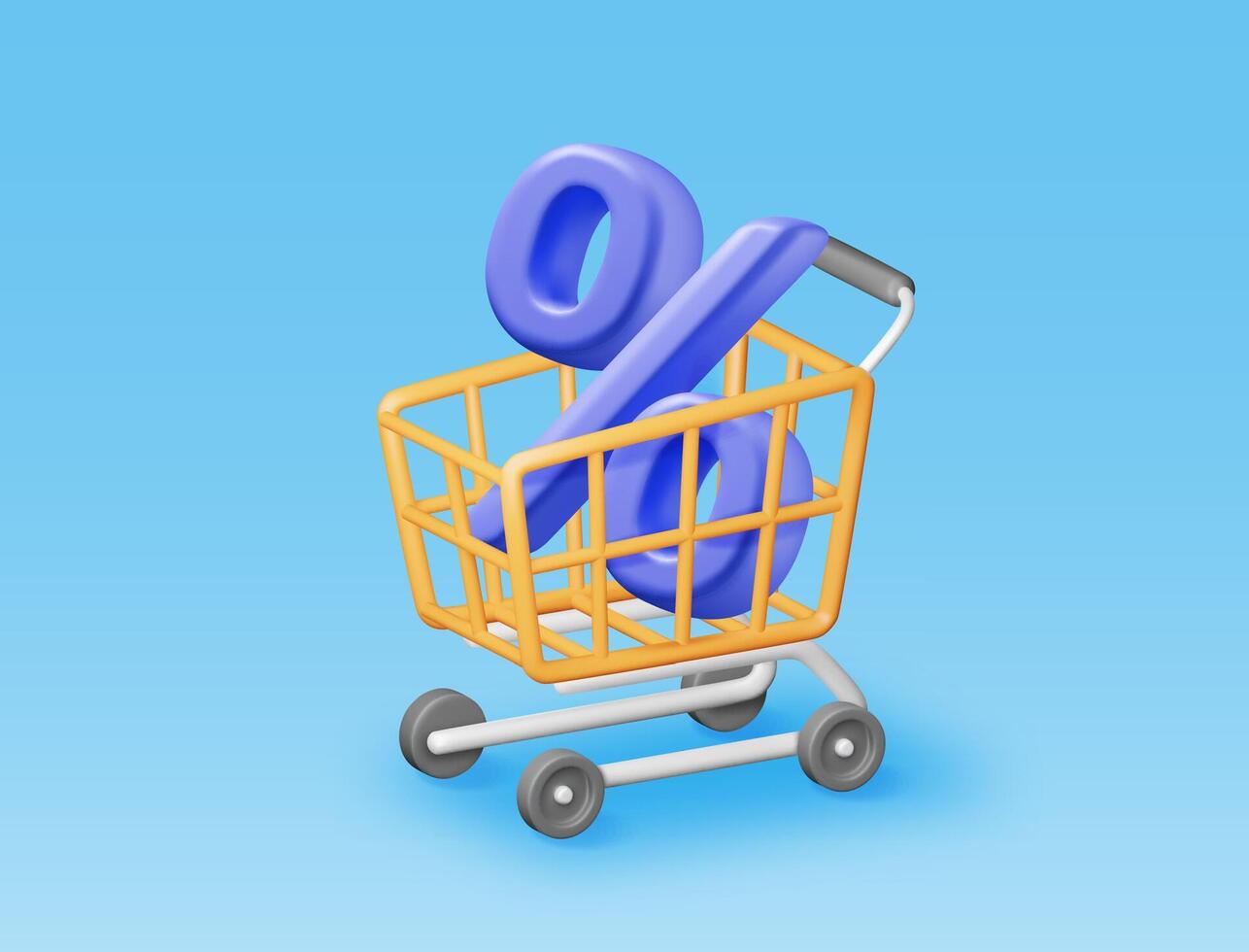 3D shopping basket with percentage symbol isolated. Render realistic shopping cart and colorful percent sign. Sale discount or clearance. Online or retail shopping. vector