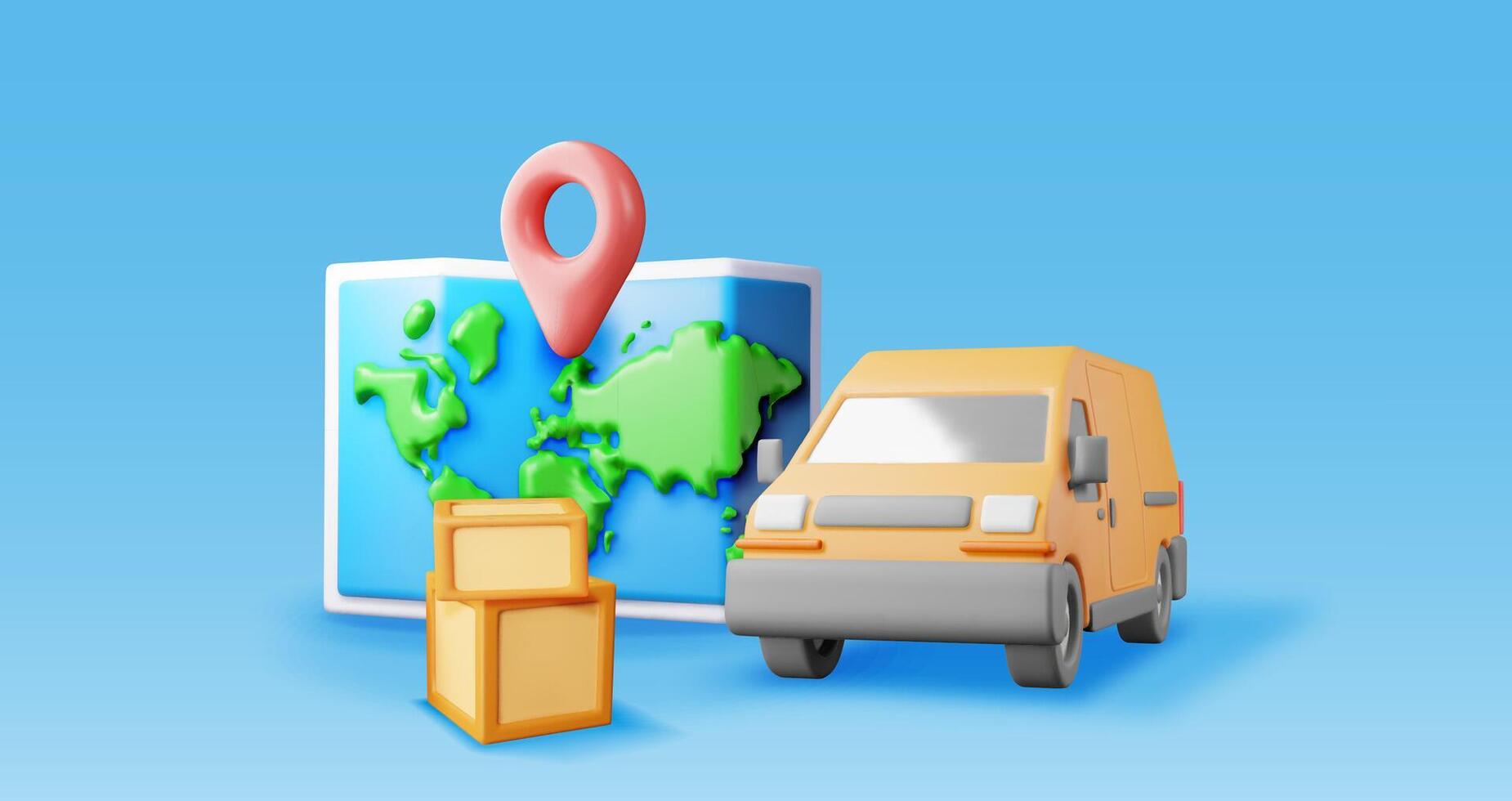 3D delivery van and cardboard boxes and map. Render express delivering services commercial truck. Concept of fast and free delivery by car. Cargo and logistic. vector