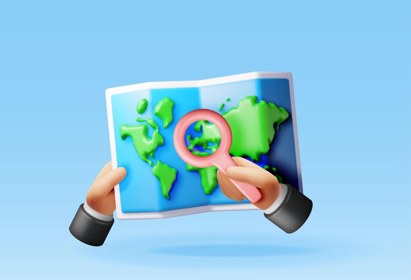 3D Location folded paper map with magnifying glass isolated. Render GPS map and search loupe icon. GPS and navigation symbol. Element for map, social media, mobile apps vector