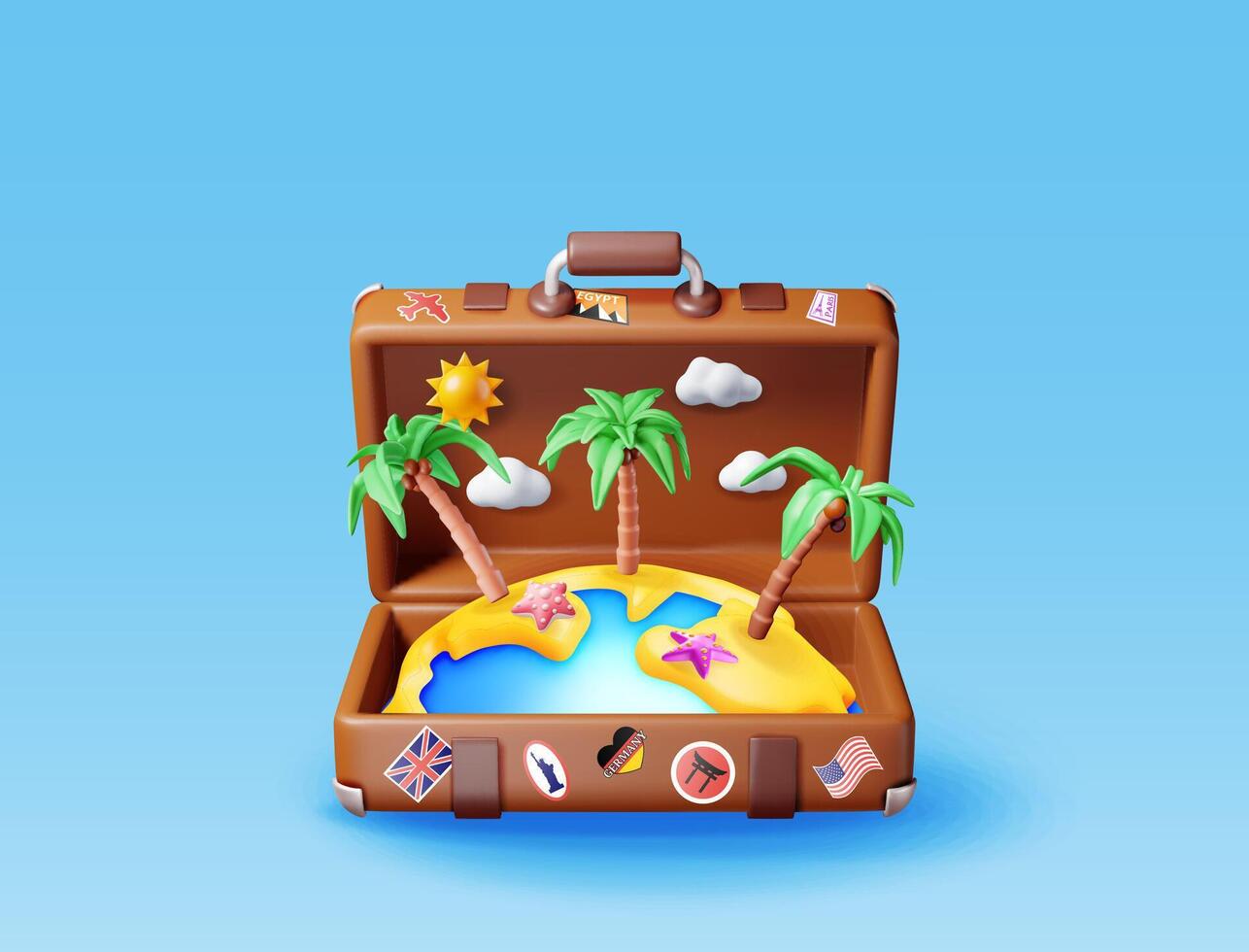 3d vintage suitcase with tropical island inside isolated. Render leather classic travel bag with stickers and palm on beach. Travel element. Holiday or vacation, transportation. vector
