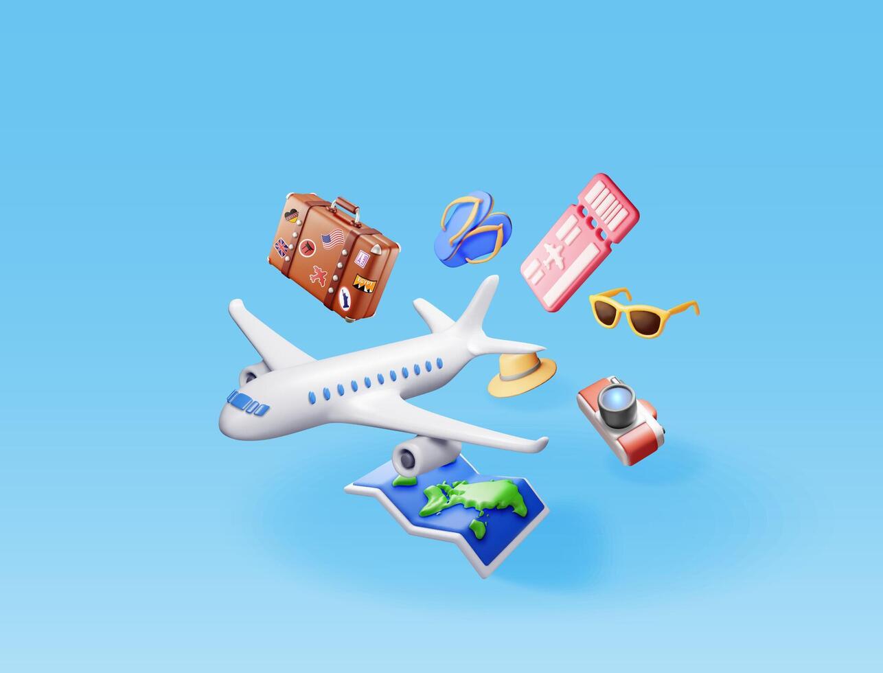 3d airline ticket, travel bag, map and airplane. Render paper ticket with plane icon, suitcase and photo camera. Travel element. Holiday or vacation. Transportation concept. vector