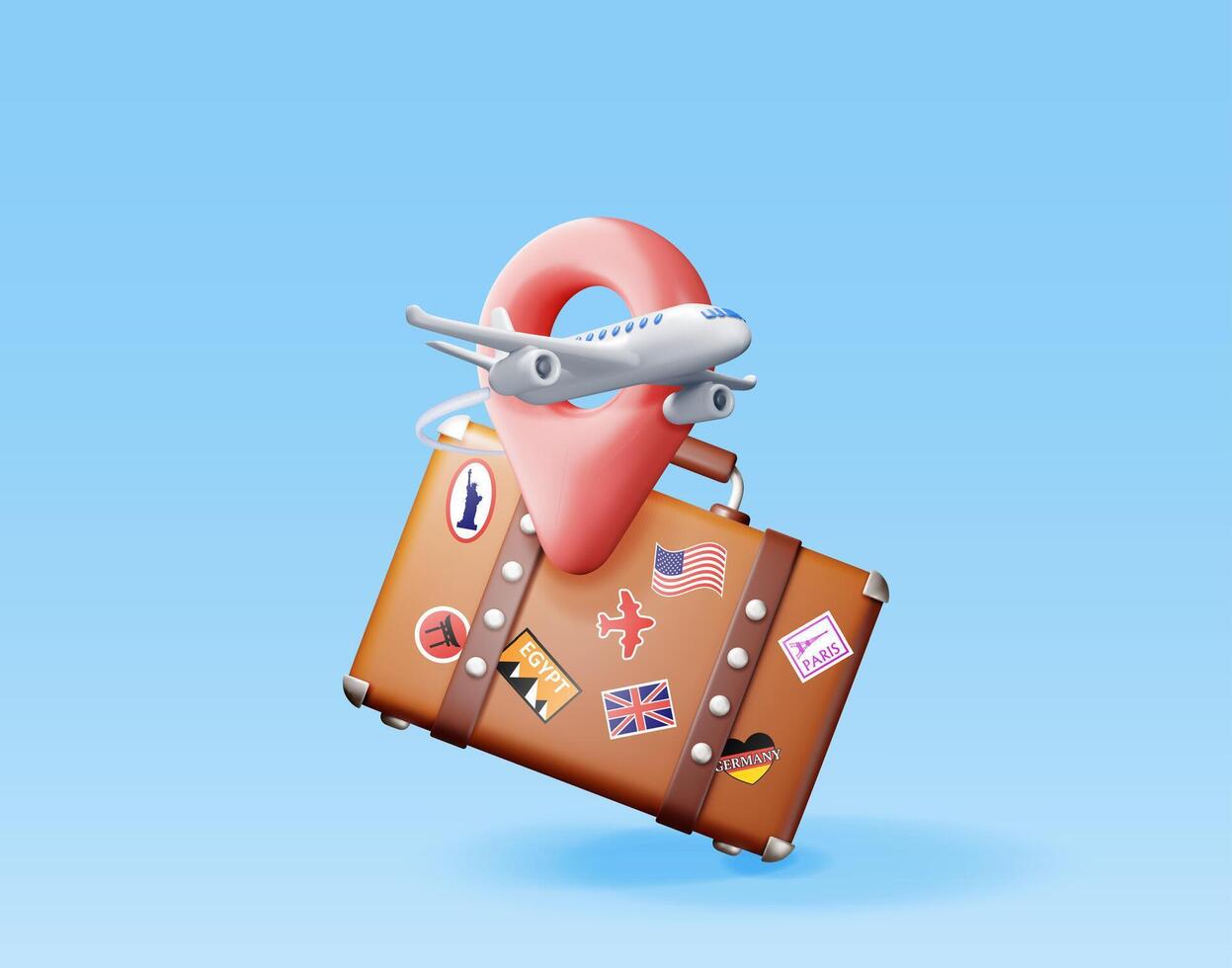 3d Clásico viaje bolso con pegatinas y avión. hacer clásico cuero maleta y aeronave. viaje elemento. fiesta o vacaciones. transporte, viaje concepto. vector