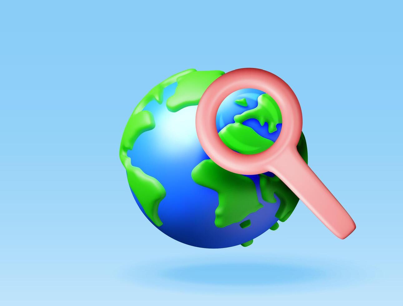 3D Globe with map of world with magnifying glass isolated. Render GPS map and search loupe icon. GPS and navigation symbol. Element for map, social media, mobile apps. vector