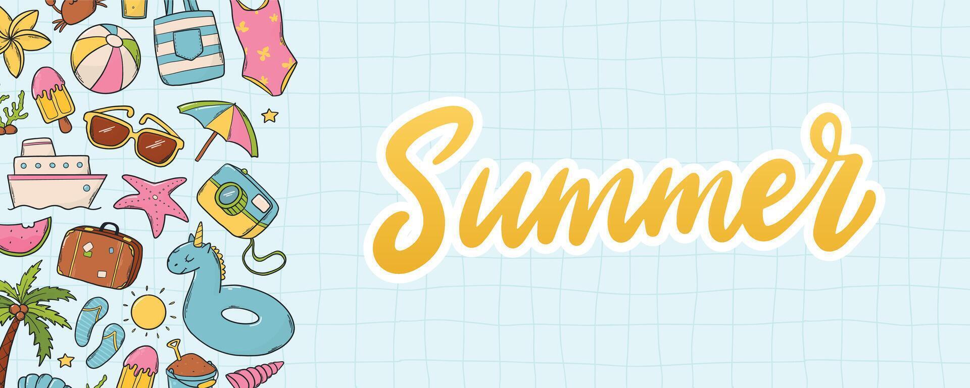 summer horizontal banner decorated with lettering quote and border of doodles on blue background. Card, poster, social meadi banner, invitation template with copy space. EPS 10 vector