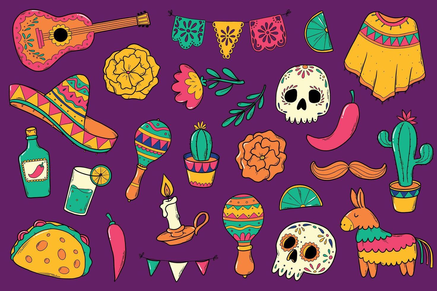 Cinco de mayo doodles, cartoon elements, stickers collection for cards, prints, apparel decor, stationary, scrapbooking, etc. EPS 10 vector