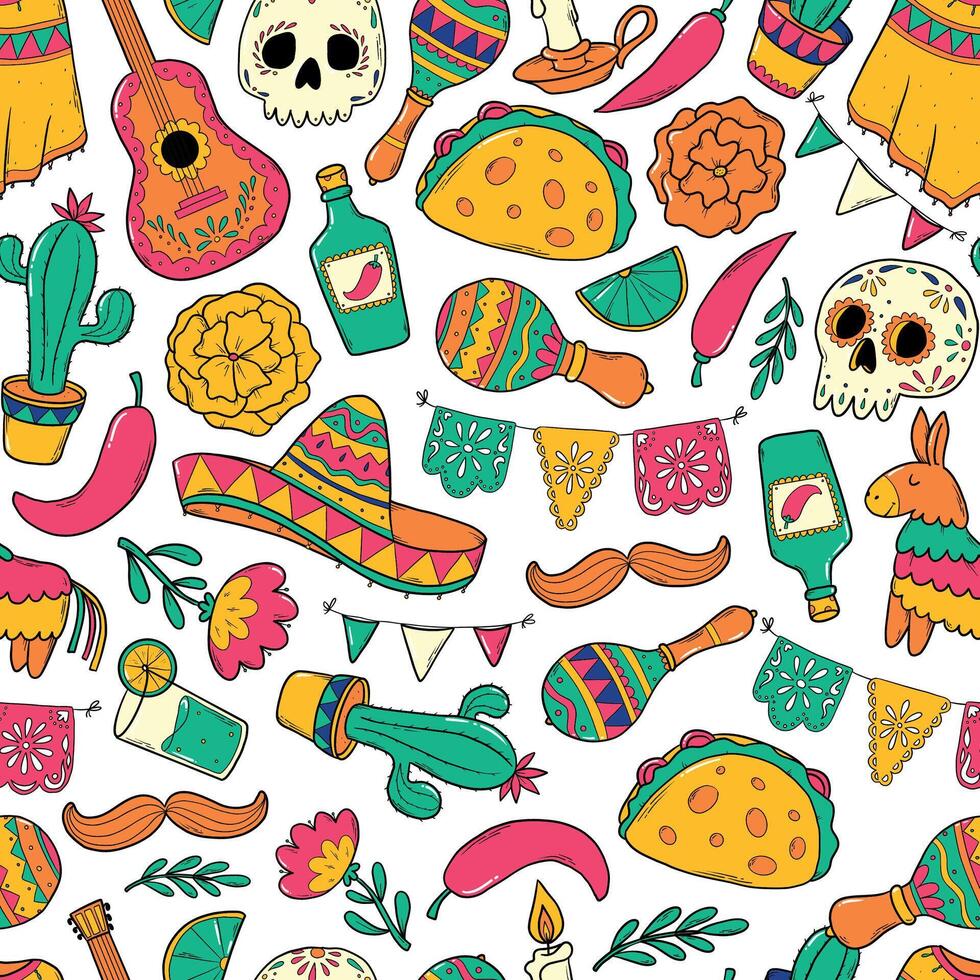 Cinco de mayo doodles seamless pattern for nursery textile prints, wallpaper, wrapping paper, backgrounds, scrapbooking, packaging, etc. Dia de los muertos theme. EPS 10 vector