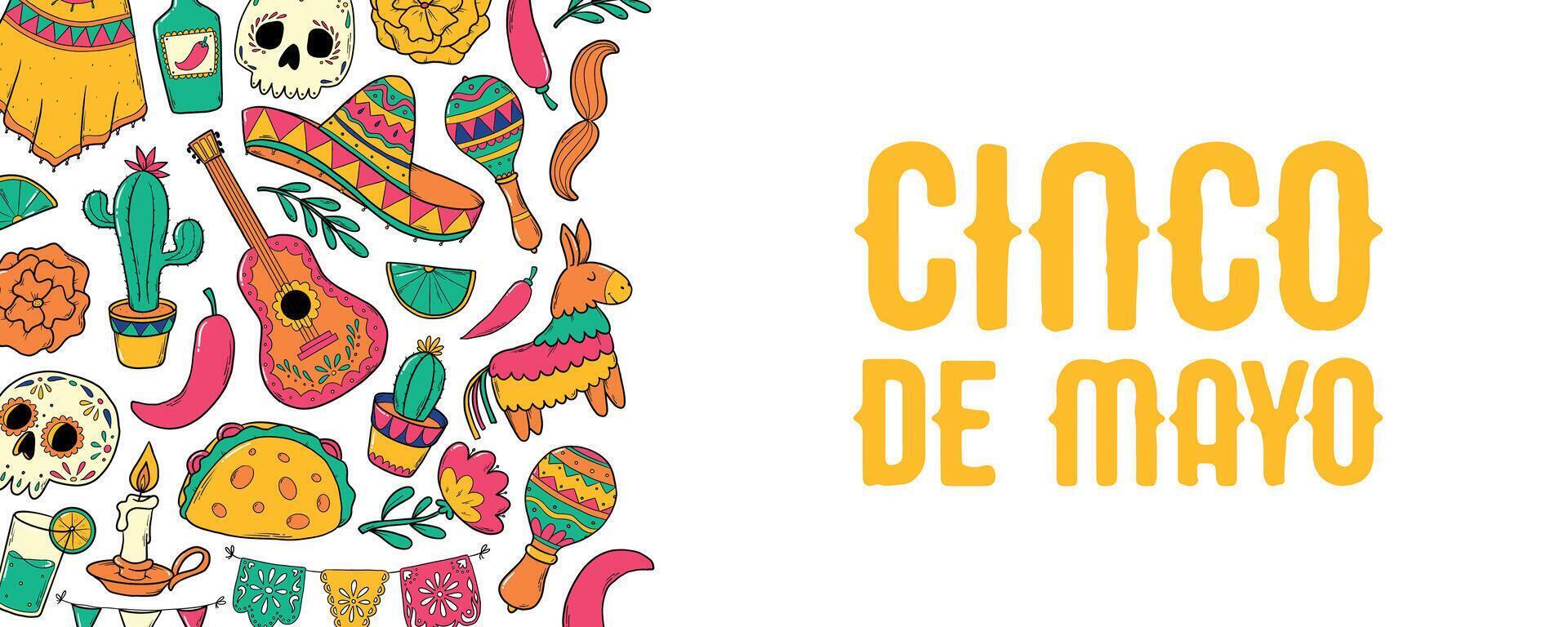 Cinco de Mayo horizontal banner with border of doodles and lettering quote on white background. Social media covers, sale leafles, prints, invitations, templates, etc. EPS 10 vector