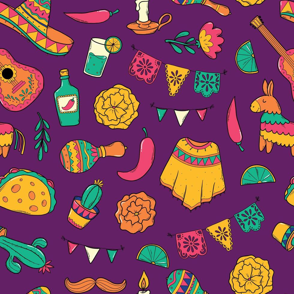 Cinco de Mayo seamless pattern with doodles, cartoon elements for wallpaper, backgrounds, textile prints, wrapping paper, packaging, etc. EPS 10 vector