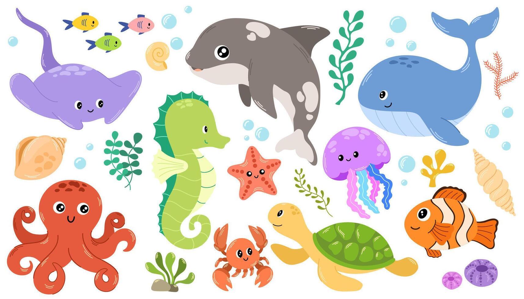 Sea life elements set. Hand draw doodle cartoon set of marine life objects for your design. vector