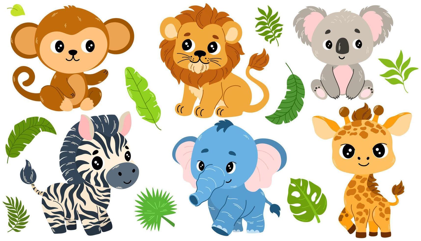 Cute cartoon Safary animals. Lion, zebra, koala, elephant, giraffe