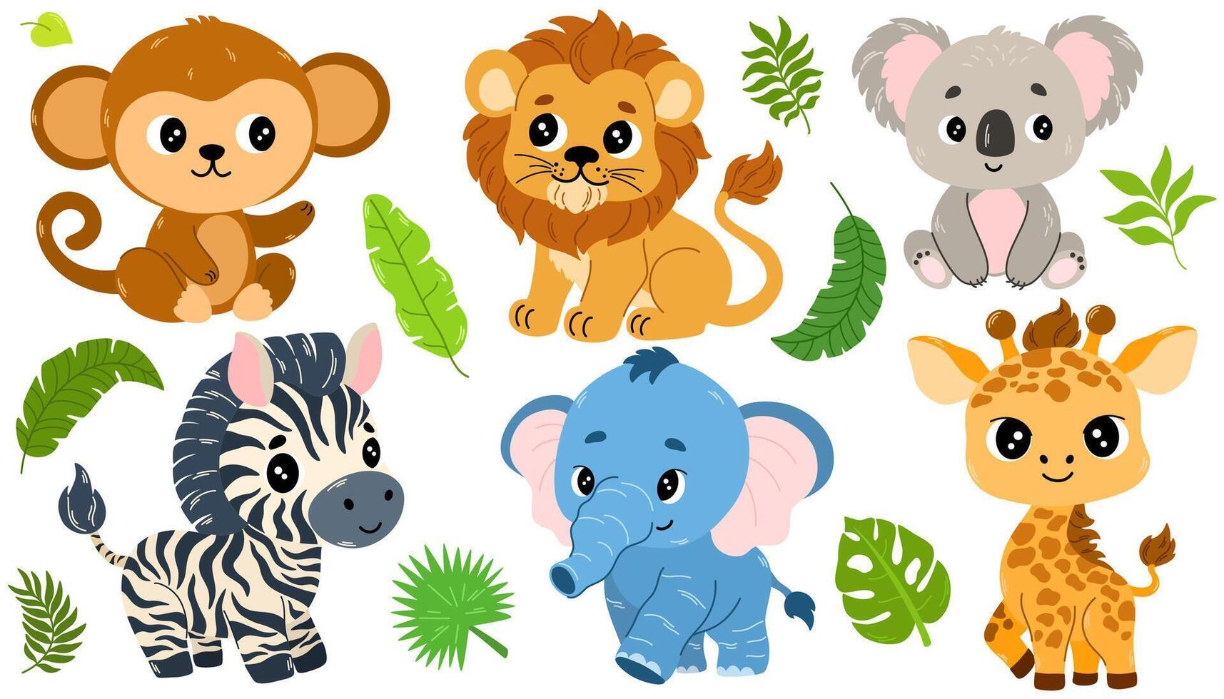 linda dibujos animados Safary animales león, cebra, coala, elefante, jirafa, mono. infantil ilustración en plano estilo. para póster, saludo tarjeta y bebé diseño. vector