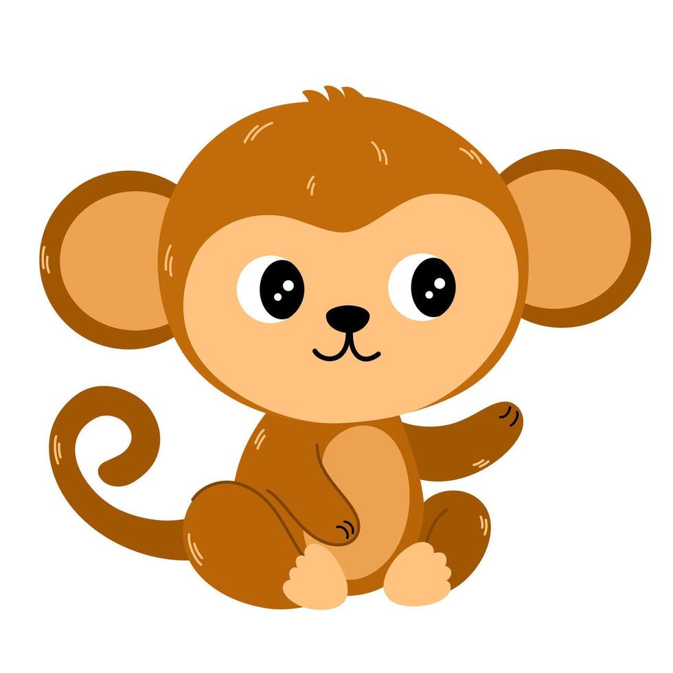 Cute cartoon monkey. Childish illustration flat style. Sitting monkey. For poster, greeting card, baby design. vector