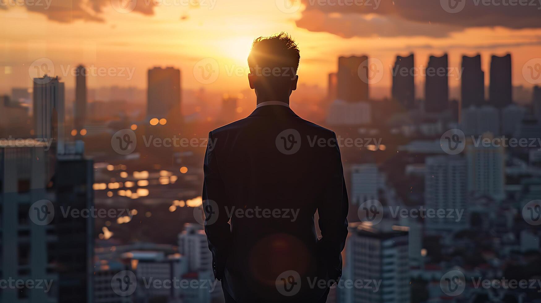 lleno cuerpo retrato de exitoso empresario vistiendo un traje en pie cerca panorámico ventanas, mirando a puesta de sol terminado ciudad con rascacielos foto