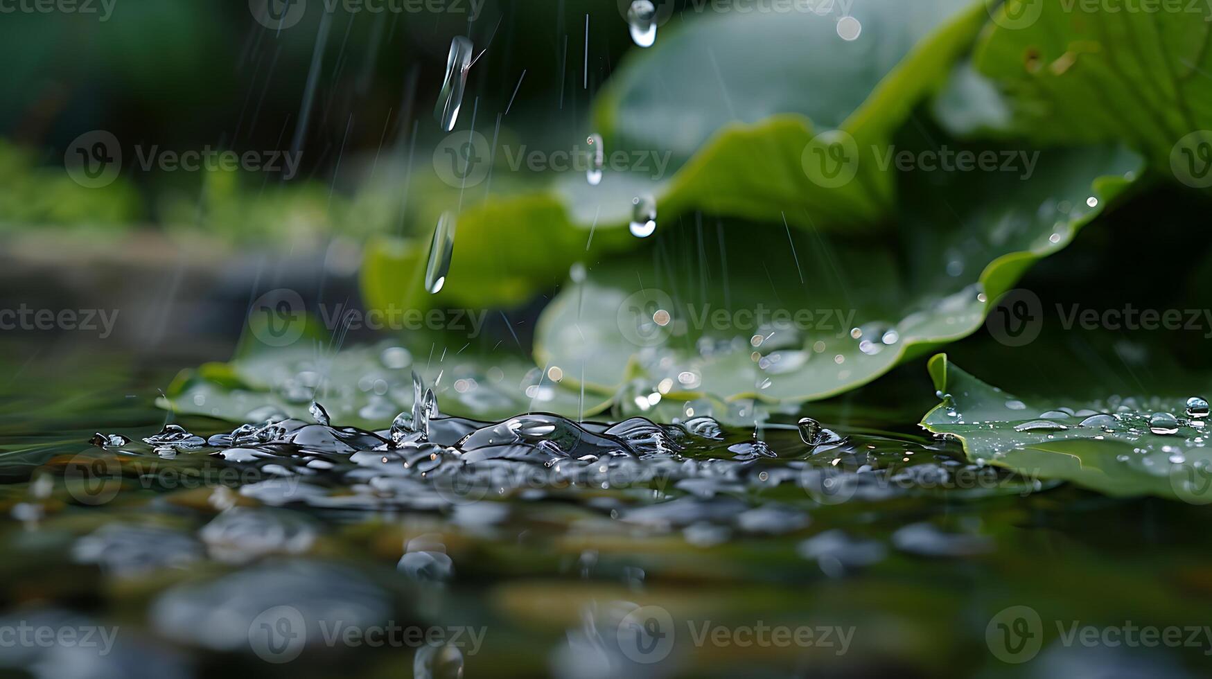 water falls from green leaf to water , photo