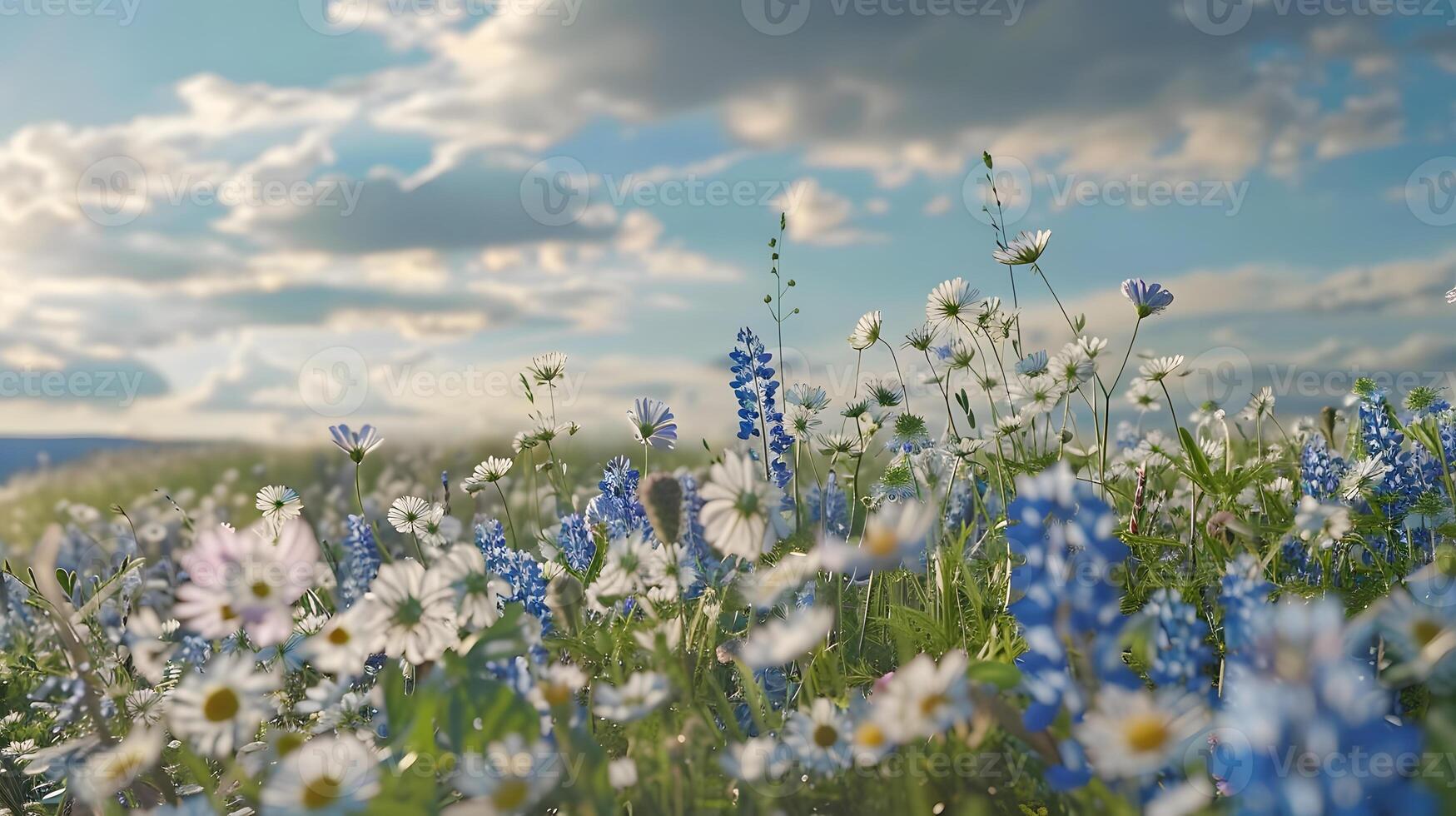 Beautiful field meadow flowers chamomile, blue wild peas in morning against blue sky with clouds, nature landscape, close-up , photo
