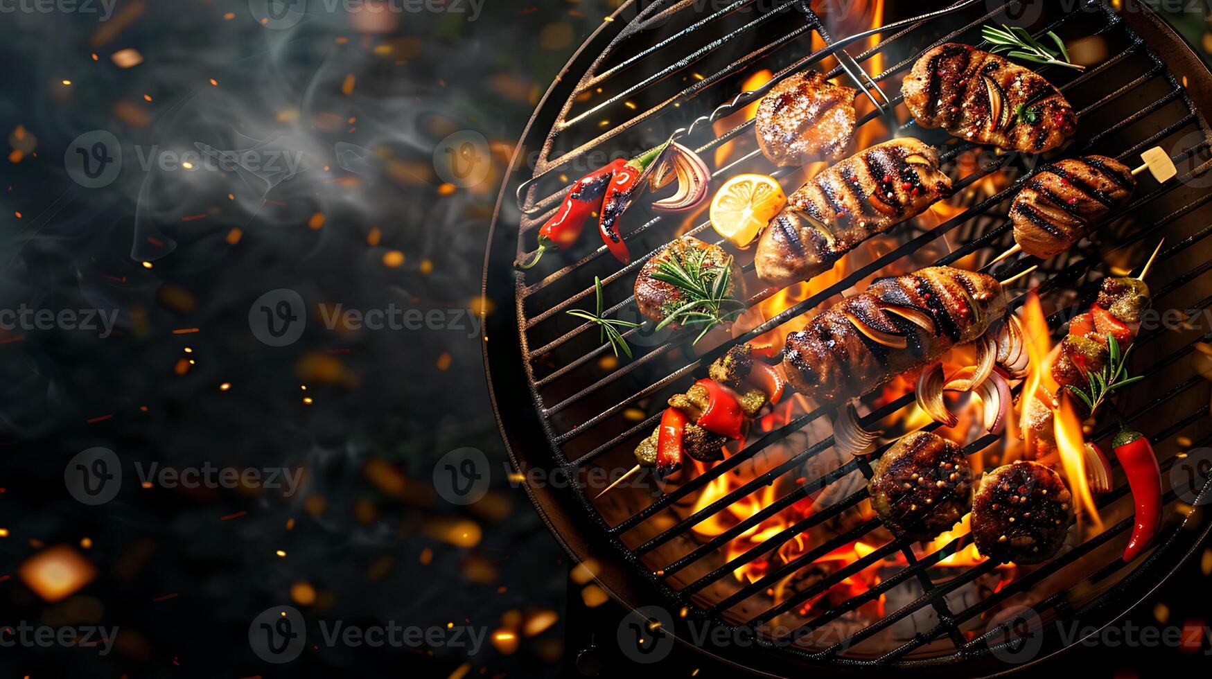 open flaming charcoal grill with various food items cooking on it, showcasing a summer grilling barbecue session with copy space photo