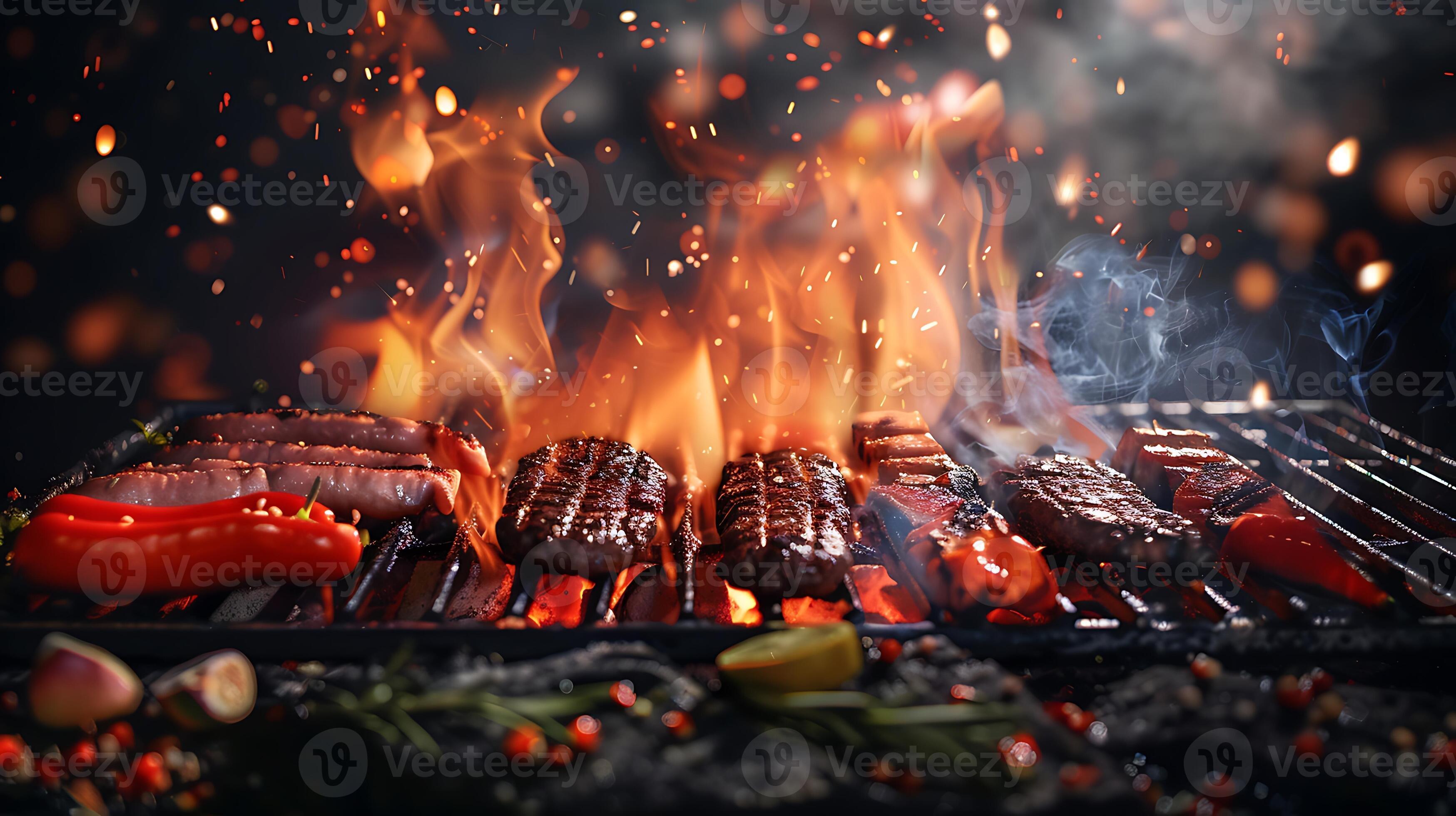 open flaming charcoal grill with various food items cooking on it