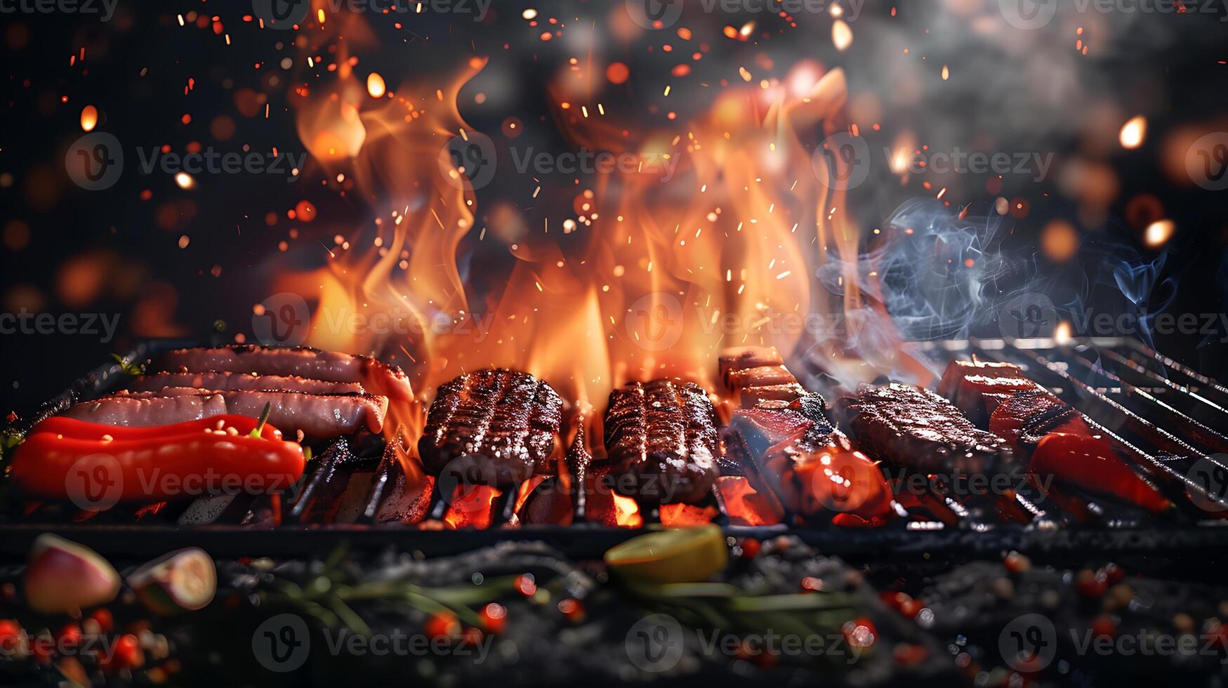 open flaming charcoal grill with various food items cooking on it, showcasing a summer grilling barbecue session with copy space photo