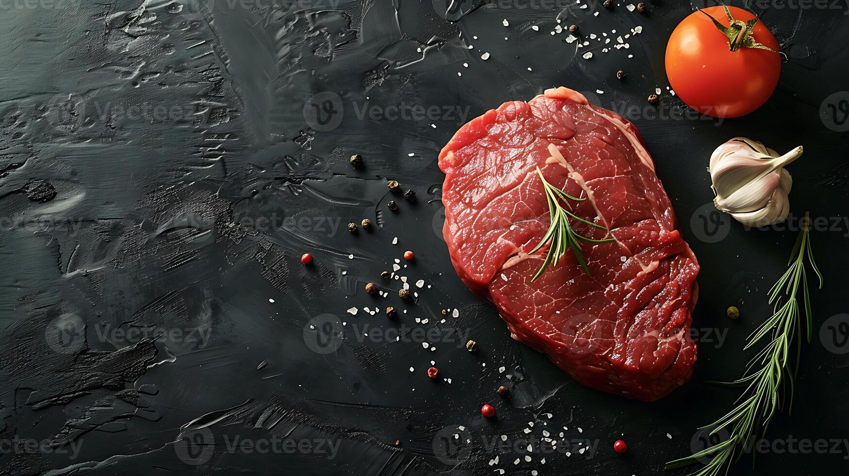 Fresh and Juicy Raw Beef Steak on dark wooden table background, Top View for an Up-Close Look photo